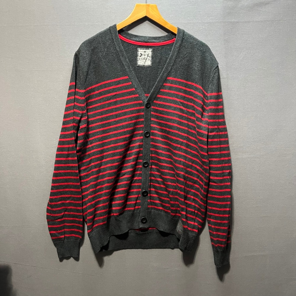 Express Mens Cardigan Sweater Medium Gray Red Striped V-Neck Button Front Cotton